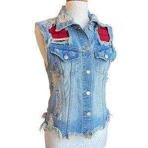 Unif Distressed Shredded Grunge Fringe Denim Festival Rodeo Vest Plaid Patches-S